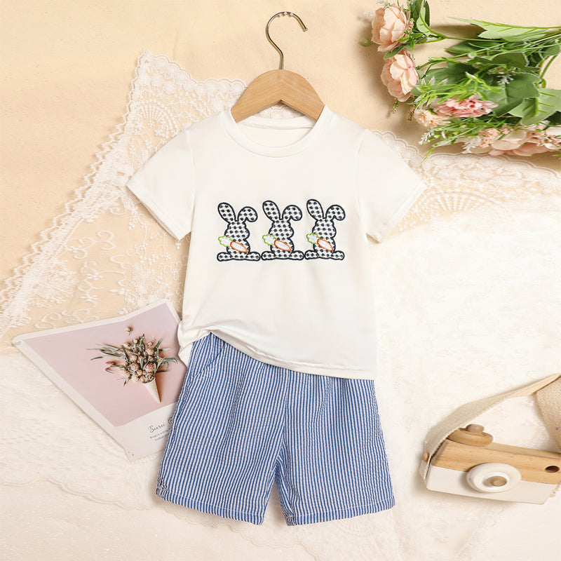 Toddler Casual 2-Piece Set, Bunny & Carrot Embroidered Short Sleeve T-Shirt With Striped Pocket Shorts