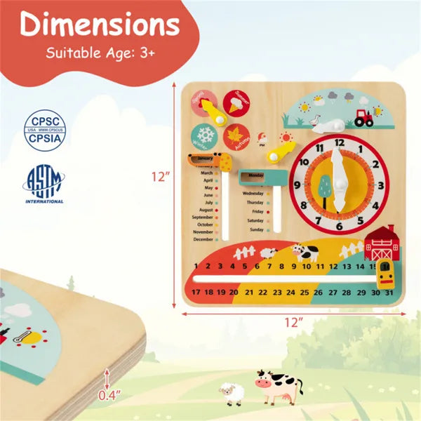 Montessori Wooden Time Learning Clock For Kids 3+, All-in-One Calendar Season Weather Educational Toy