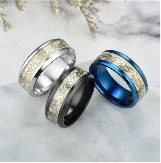 Chinese national dragon pattern blue, green, yellow and orange ring fluorescent ring male