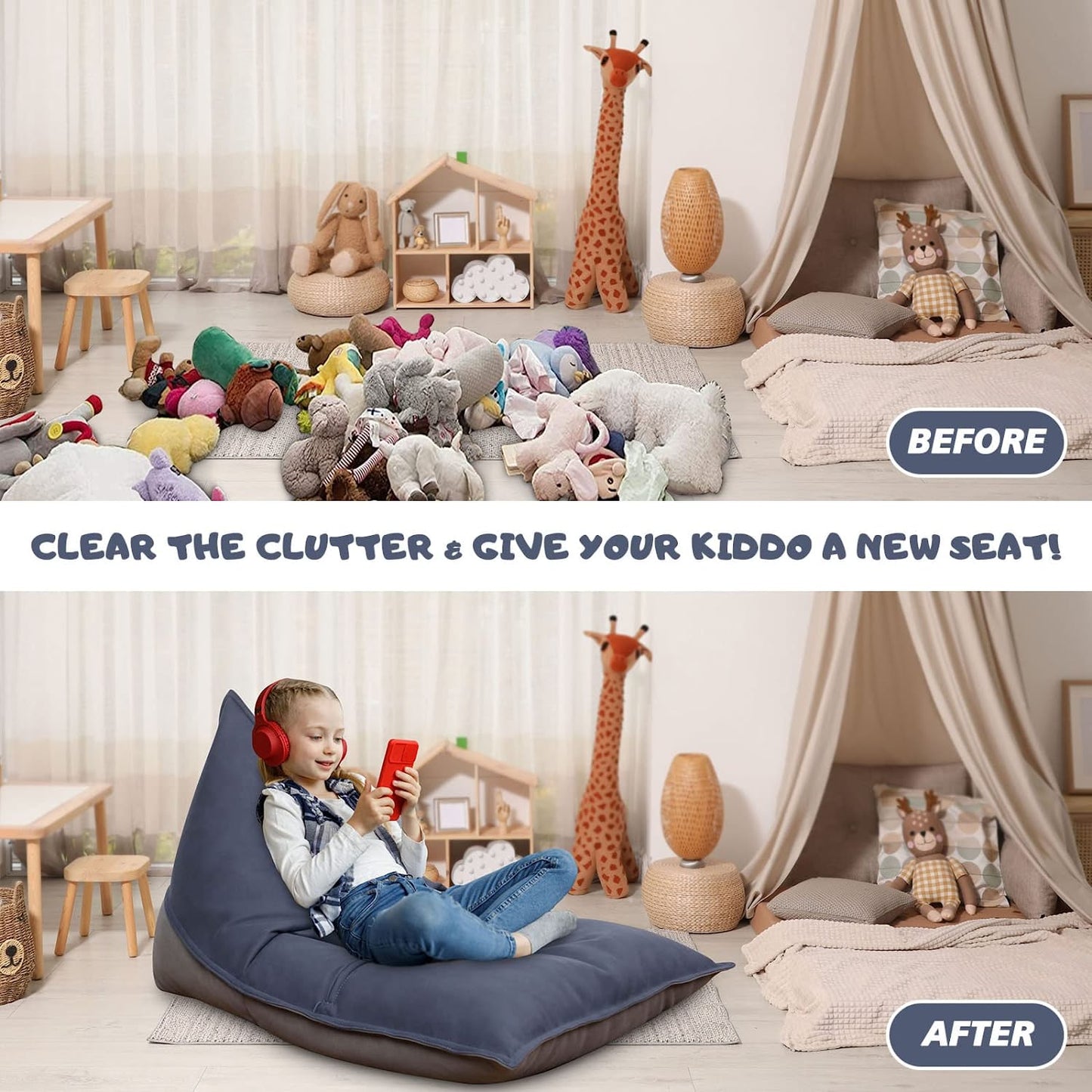 Stuffed Animal Storage Bean Bag Chair Cover For Kids And Parents - Cover ONLY,Washable Premium Canvas Stuffie Seat Grey Blue