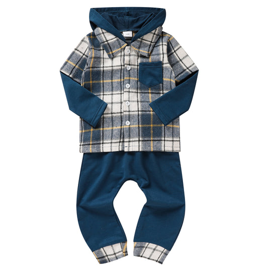 Toddler Baby Boy Clothes Plaid Long Sleeve Hoodie Sweatshirt & Pants 2pcs Boys Outfit Set