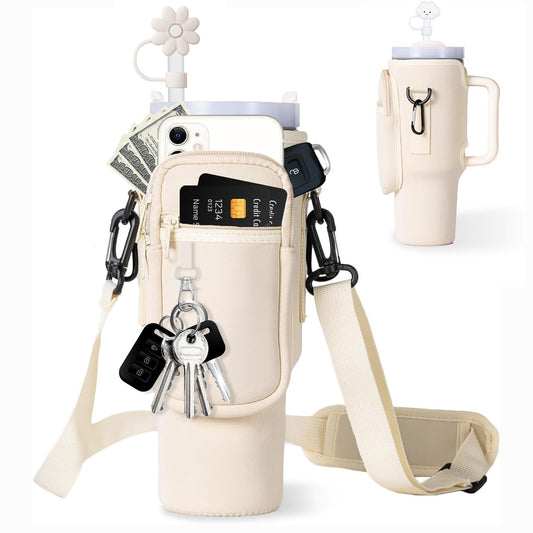 Water Bottle Carrier Bag With Phone Pocket For Tumbler Neoprene Water Bottle Holder Pouch With Adjustable Strap Bollus With Straw Cover & Carabiner For Cup Accessories Drinkware Mug