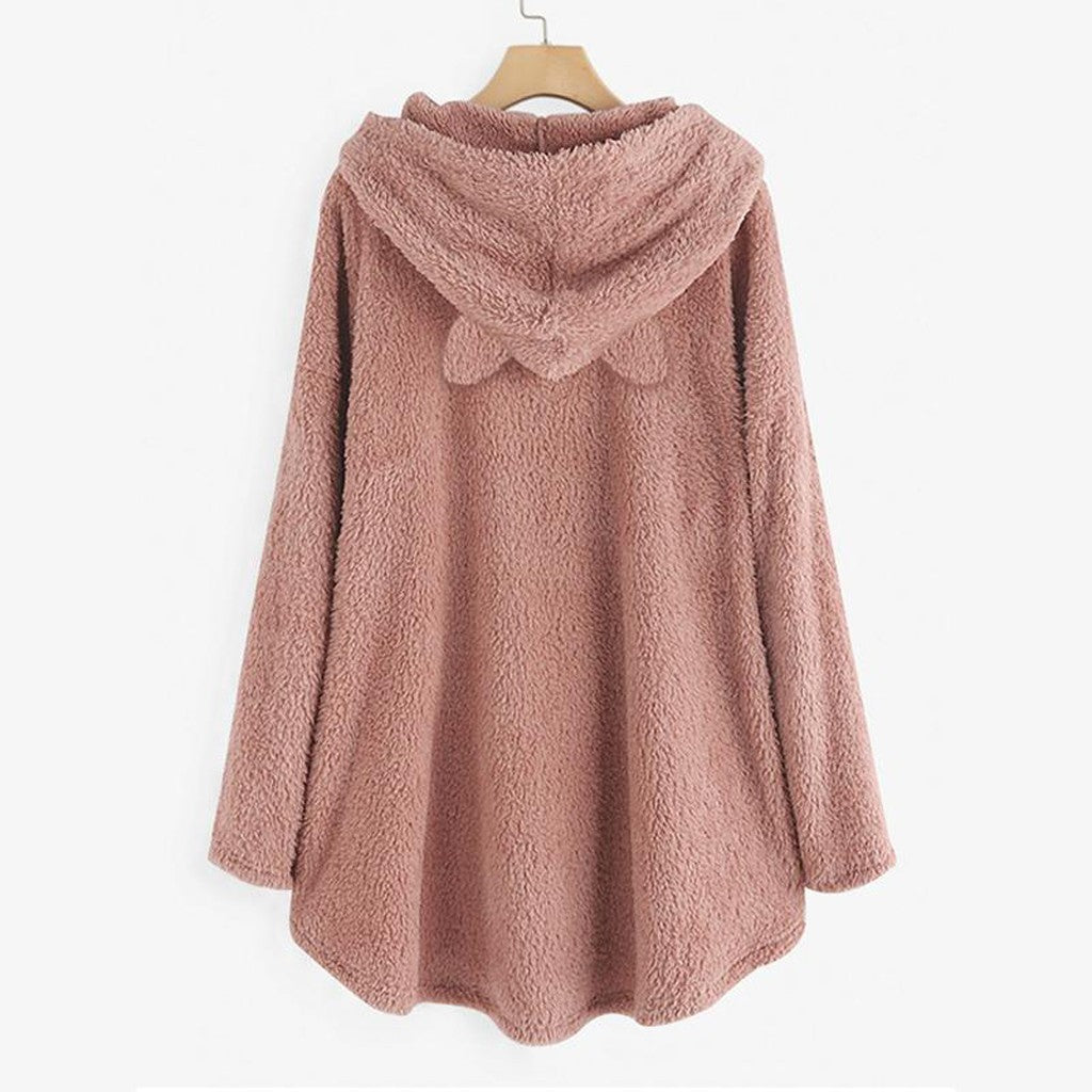 Hooded Pullover Cat Print Long Sleeved Reversible Velvet Sweater