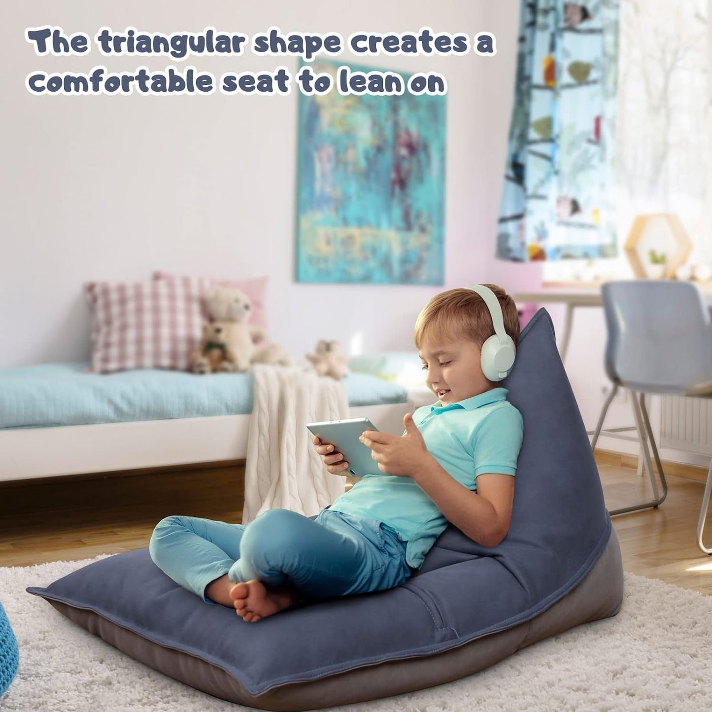 Stuffed Animal Storage Bean Bag Chair Cover For Kids And Parents - Cover ONLY,Washable Premium Canvas Stuffie Seat Grey Blue