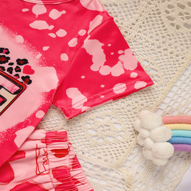 Toddler Girl's Heart & Letter Print 2-Piece Set, Crew Neck Short Sleeve T-Shirt With Flare Leg Pants For Summer