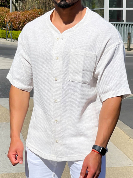 Men's new solid color short-sleeved shirt men's casual cardigan