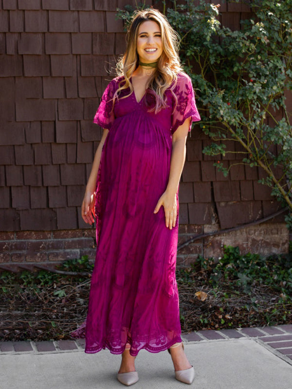 Maternity clothes-Woven short-sleeved V-neck lace long dress