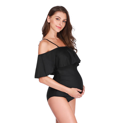 New European And American Solid Color Off-shoulder Ruffles Plus Size Swimwear For Pregnant Women