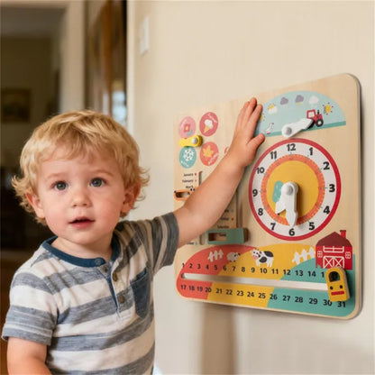Montessori Wooden Time Learning Clock For Kids 3+, All-in-One Calendar Season Weather Educational Toy