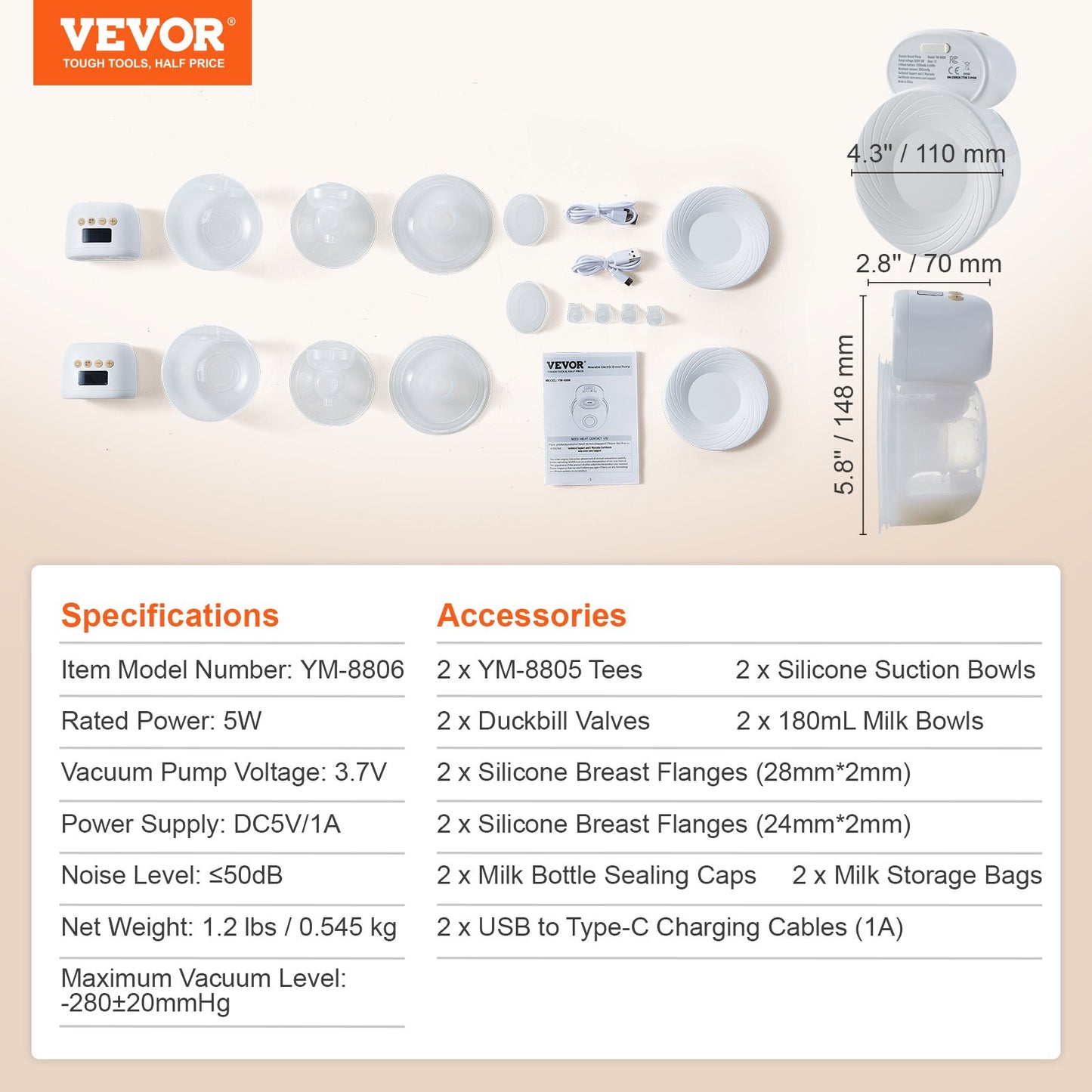 VEVOR BreastPump, Wearable Electric Breast Pumps Hands Free, 4 Mode  12 Levels, 300mmHg Strong Suction, Ultra-Quiet Rechargeable Portable BreastfeedingPump With LED Display, 24mm Insert 28mm Flange