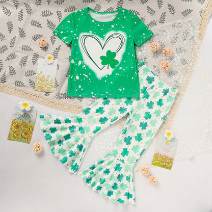 Girl's Clover Print 2-Piece Set, Short Sleeve T-Shirt And Flare Leg Pants For Spring And Summer