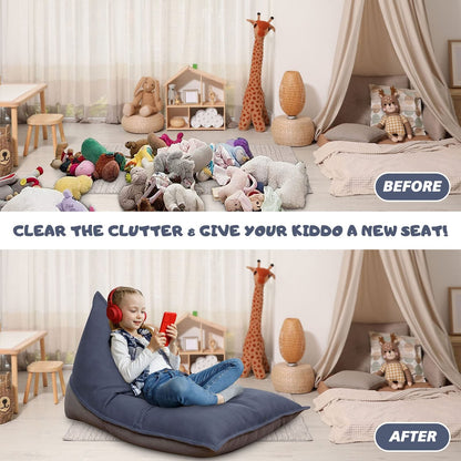 Stuffed Animal Storage Bean Bag Chair Cover For Kids And Parents - Cover ONLY,Washable Premium Canvas Stuffie Seat Grey Blue