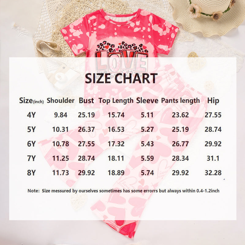 Toddler Girl's Heart & Letter Print 2-Piece Set, Crew Neck Short Sleeve T-Shirt With Flare Leg Pants For Summer