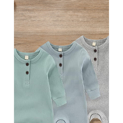 3-Pack Newborns Infants Baby Boys & Girls Long Sleeve Ribbed Romper Soft Button Front Jumpsuit