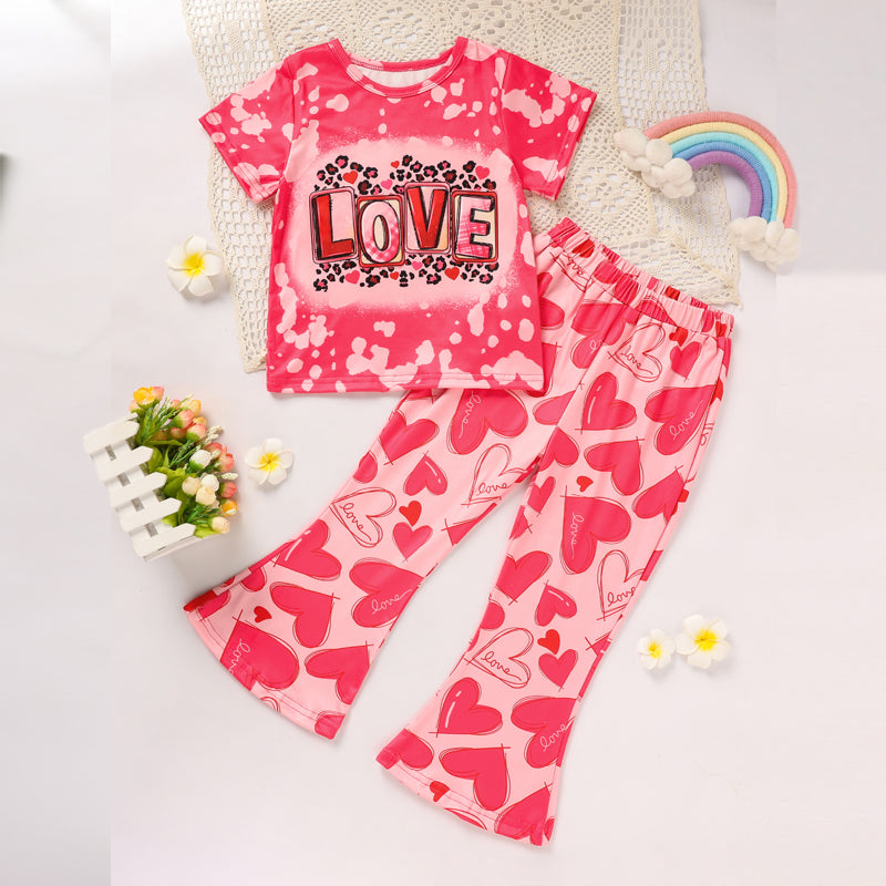 Toddler Girl's Heart & Letter Print 2-Piece Set, Crew Neck Short Sleeve T-Shirt With Flare Leg Pants For Summer
