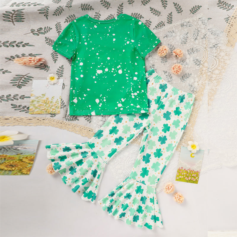 Girl's Clover Print 2-Piece Set, Short Sleeve T-Shirt And Flare Leg Pants For Spring And Summer