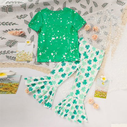 Girl's Clover Print 2-Piece Set, Short Sleeve T-Shirt And Flare Leg Pants For Spring And Summer