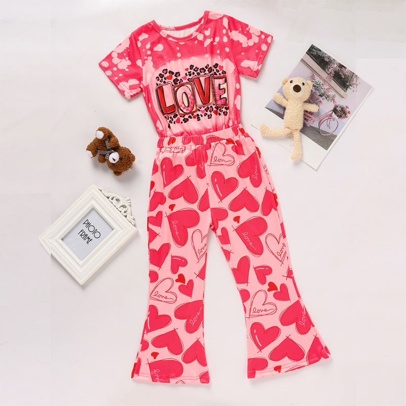 Toddler Girl's Heart & Letter Print 2-Piece Set, Crew Neck Short Sleeve T-Shirt With Flare Leg Pants For Summer