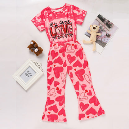 Toddler Girl's Heart & Letter Print 2-Piece Set, Crew Neck Short Sleeve T-Shirt With Flare Leg Pants For Summer