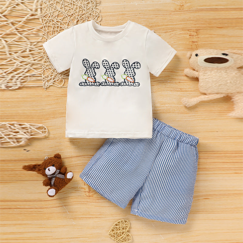 Toddler Casual 2-Piece Set, Bunny & Carrot Embroidered Short Sleeve T-Shirt With Striped Pocket Shorts