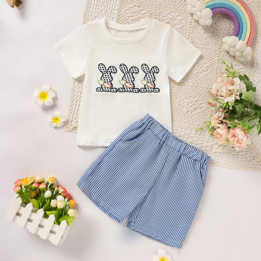Toddler Casual 2-Piece Set, Bunny & Carrot Embroidered Short Sleeve T-Shirt With Striped Pocket Shorts