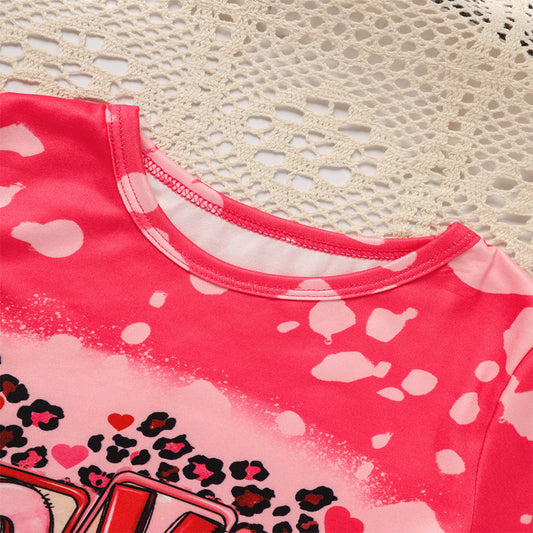 Toddler Girl's Heart & Letter Print 2-Piece Set, Crew Neck Short Sleeve T-Shirt With Flare Leg Pants For Summer