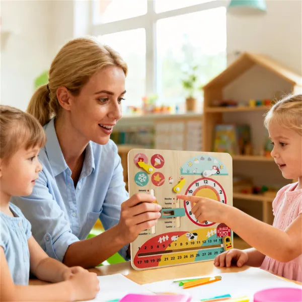 Montessori Wooden Time Learning Clock For Kids 3+, All-in-One Calendar Season Weather Educational Toy