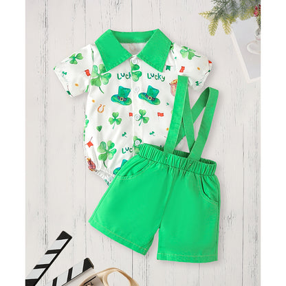 Newborn Baby Boy St. Patrick's Day Clothes Short Sleeve Clover Print Romper & Suspenders Pant 2Pcs Casual Clothes Set