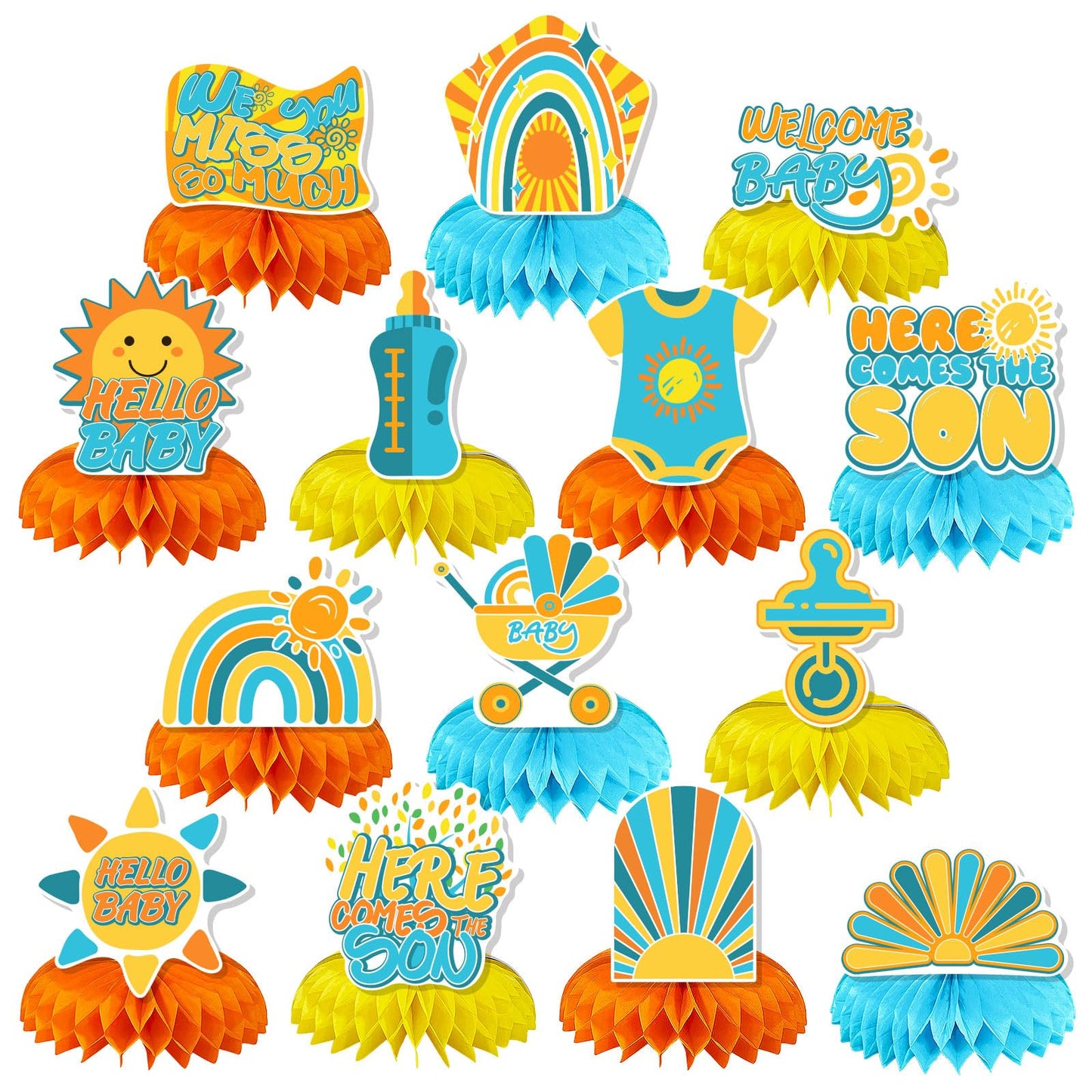 14 Pcs Here Comes The Son Baby Shower Decor, Baby Shower Honeycomb Centerpieces Set For Tables Here Comes The Son Sunshine Decorations Boho Rainbow Sun Gender Reveal Party Favors Supplies Clearance