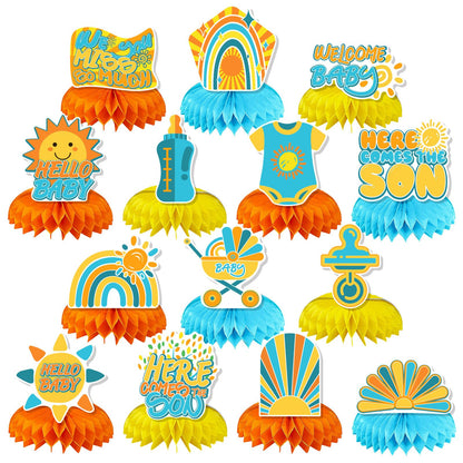 14 Pcs Here Comes The Son Baby Shower Decor, Baby Shower Honeycomb Centerpieces Set For Tables Here Comes The Son Sunshine Decorations Boho Rainbow Sun Gender Reveal Party Favors Supplies Clearance