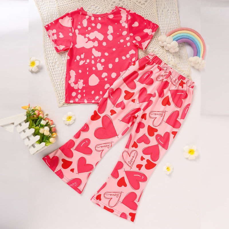 Toddler Girl's Heart & Letter Print 2-Piece Set, Crew Neck Short Sleeve T-Shirt With Flare Leg Pants For Summer