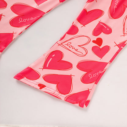 Toddler Girl's Heart & Letter Print 2-Piece Set, Crew Neck Short Sleeve T-Shirt With Flare Leg Pants For Summer