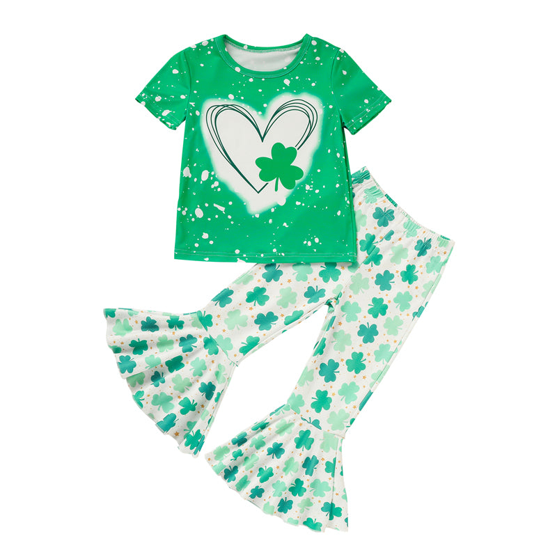 Girl's Clover Print 2-Piece Set, Short Sleeve T-Shirt And Flare Leg Pants For Spring And Summer