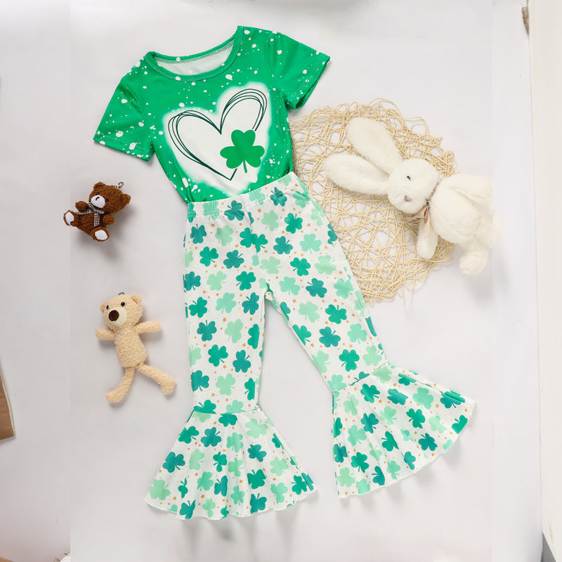 Girl's Clover Print 2-Piece Set, Short Sleeve T-Shirt And Flare Leg Pants For Spring And Summer