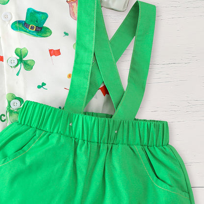 Newborn Baby Boy St. Patrick's Day Clothes Short Sleeve Clover Print Romper & Suspenders Pant 2Pcs Casual Clothes Set