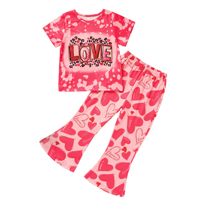 Toddler Girl's Heart & Letter Print 2-Piece Set, Crew Neck Short Sleeve T-Shirt With Flare Leg Pants For Summer