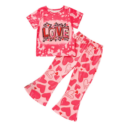 Toddler Girl's Heart & Letter Print 2-Piece Set, Crew Neck Short Sleeve T-Shirt With Flare Leg Pants For Summer