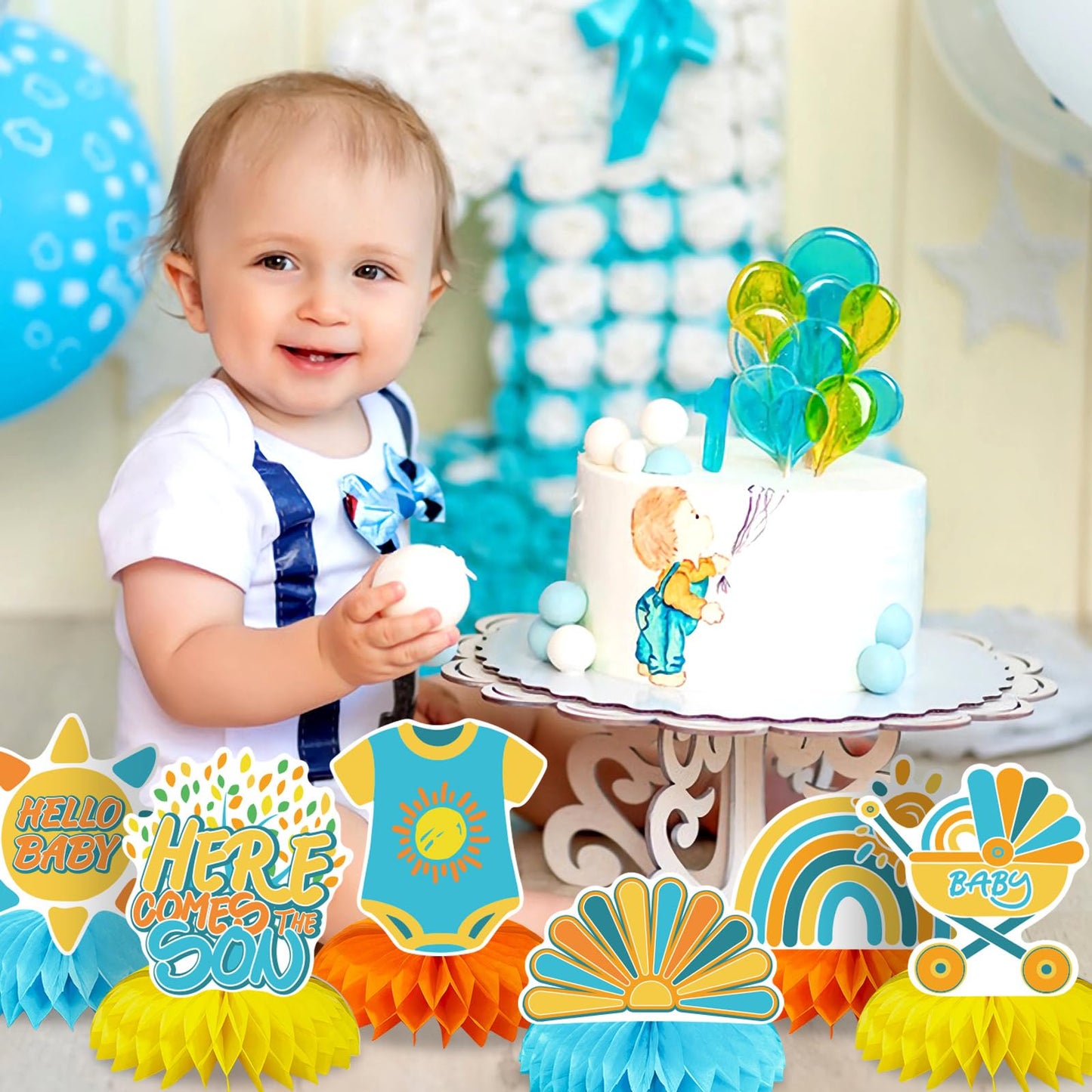 14 Pcs Here Comes The Son Baby Shower Decor, Baby Shower Honeycomb Centerpieces Set For Tables Here Comes The Son Sunshine Decorations Boho Rainbow Sun Gender Reveal Party Favors Supplies Clearance