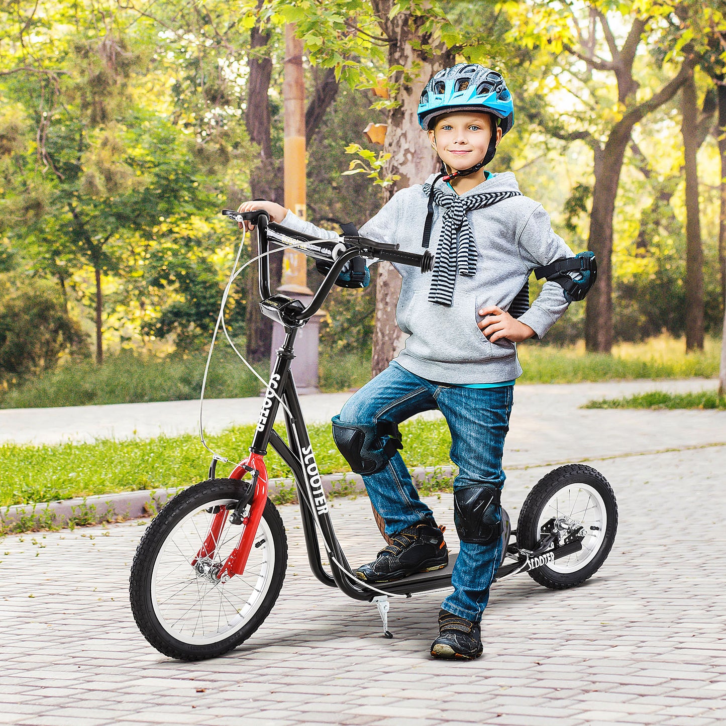 Teens Youth Scooter Ride On Toy with Adjustable Handlebar, Dual Brakes, and Inflatable Wheels For Kids 5+ - Black