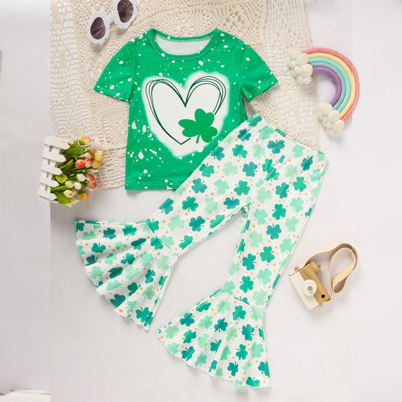 Girl's Clover Print 2-Piece Set, Short Sleeve T-Shirt And Flare Leg Pants For Spring And Summer