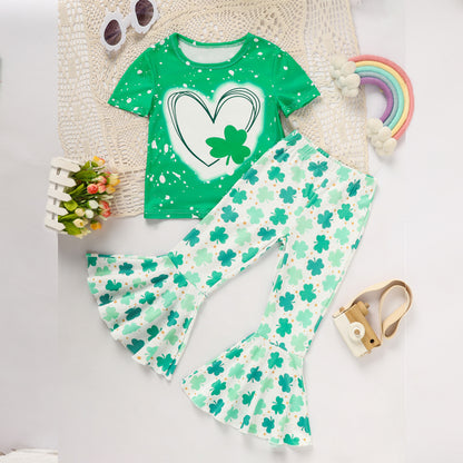 Girl's Clover Print 2-Piece Set, Short Sleeve T-Shirt And Flare Leg Pants For Spring And Summer