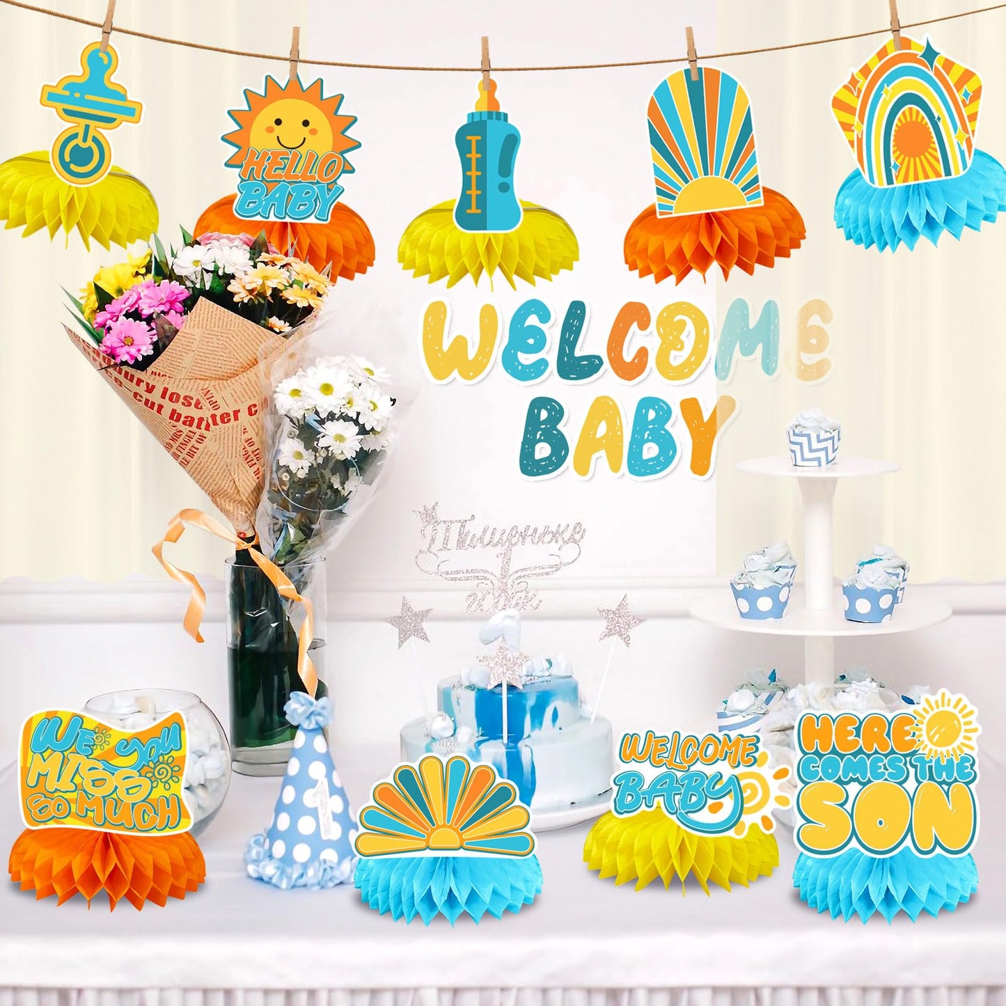 14 Pcs Here Comes The Son Baby Shower Decor, Baby Shower Honeycomb Centerpieces Set For Tables Here Comes The Son Sunshine Decorations Boho Rainbow Sun Gender Reveal Party Favors Supplies Clearance
