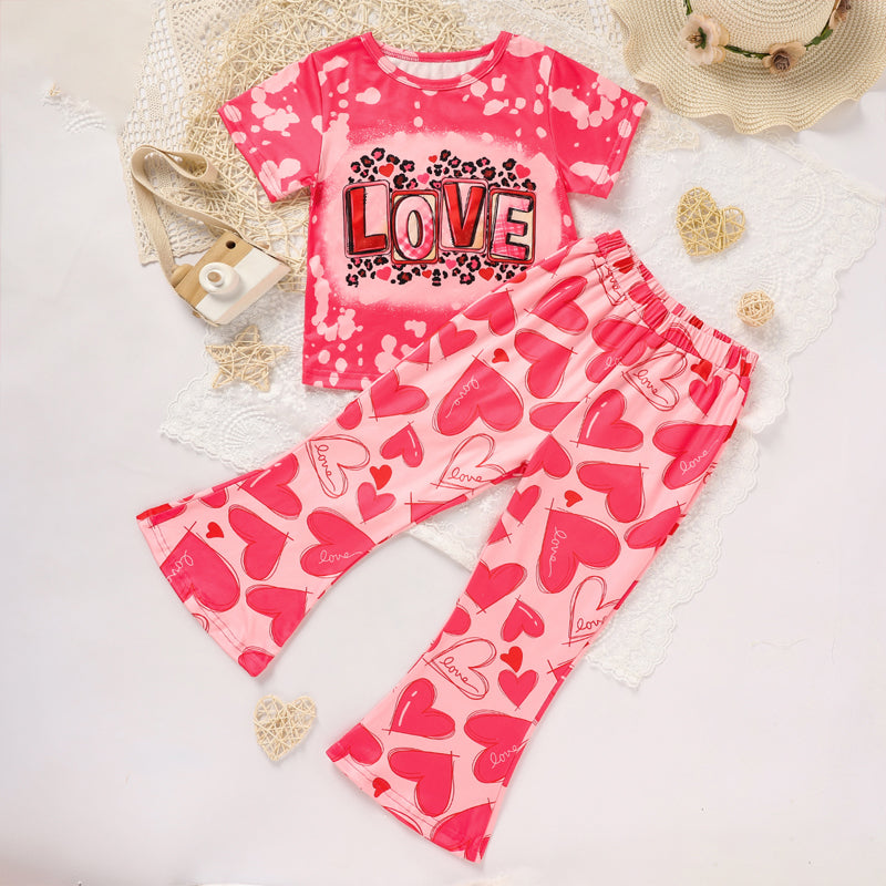 Toddler Girl's Heart & Letter Print 2-Piece Set, Crew Neck Short Sleeve T-Shirt With Flare Leg Pants For Summer