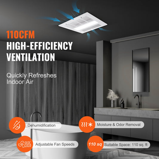 Bathroom Exhaust Fan, 1500W Heating, 110 CFM High-Efficiency Ventilation, 1.5sones Low Noise Operation, Energy-Saving Bathroom Ceiling Fan, Need For Attic Access, For Various Ceilings