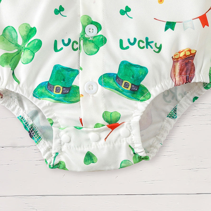 Newborn Baby Boy St. Patrick's Day Clothes Short Sleeve Clover Print Romper & Suspenders Pant 2Pcs Casual Clothes Set