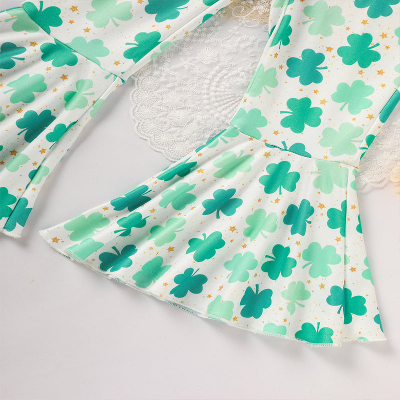 Girl's Clover Print 2-Piece Set, Short Sleeve T-Shirt And Flare Leg Pants For Spring And Summer