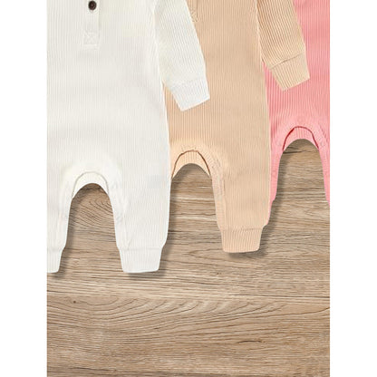 3-Pack Newborns Infants Baby Boys & Girls Long Sleeve Ribbed Romper Soft Button Front Jumpsuit